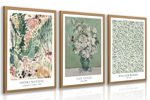 CAZLOUC Matisse Van Gogh William Morris Wall Art Set of 3, Sage Green Bathroom Wall Decor, Vintage Botanical Floral Poster Prints, Impressionism Abstract Artwork for Bedroom Wood Framed 12x16 Inch - color: VanGoghFloral, size: 16"L x 12"W