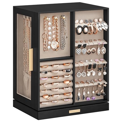 SONGMICS Jewelry Box Organizer, 360° Rotating, 5 Drawers, Ink Black | Vertical Jewelry Storage Case, Spacious, Open Design, Great Gift, Glass Window, GISELLA Collection UJBC170B01 - color: Graphite Black, size: 5 Drawers (6.3"d X 8.7"w X 11.2"h)