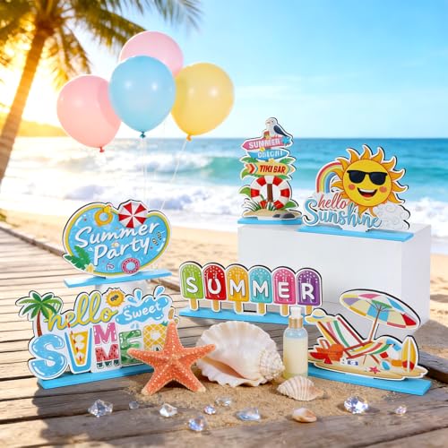 6 Pcs Hello Sweet Summer Wooden Table Decoration Sunshine Table Centerpiece - style: Summer