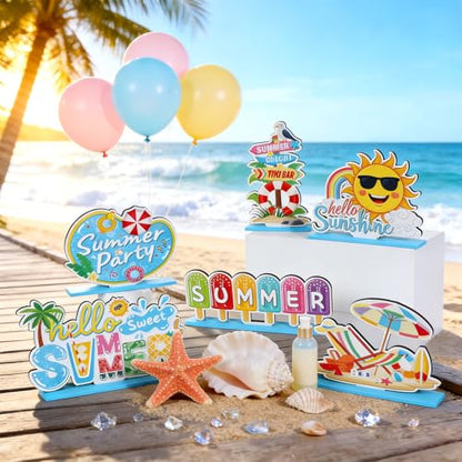 6 Pcs Hello Sweet Summer Wooden Table Decoration Sunshine Table Centerpiece - style: Summer