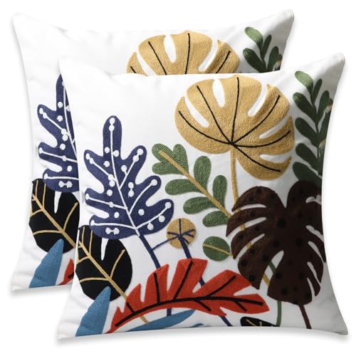 Pack of 2 Embroidered Throw Pillows Cover 18x18 Inch Decorative Pillowcase for Living Room Sofa Bed (Tropical Leaves) - color: Tropical Leaves