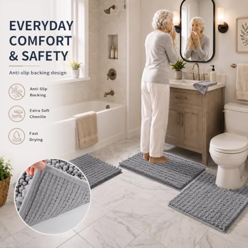 Yimobra Bathroom Rug Set 3 Piece, Super Water Absorbent Bath Mat Set, Grey - color: Grey, size: 24"x20" + 30"x20"+ 44"x24"