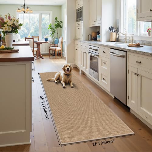 HEBE Washable Runner Rug 2'x6', Non Slip Low-Pile Hallway Rugs Runner - color: Tan, size: 2' x 6' (Rectangular)