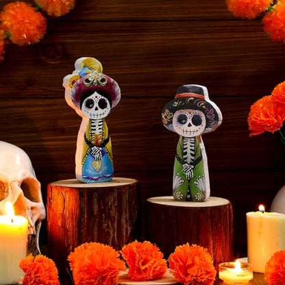 Yuntau 2 Pcs Day of The Dead Figurines Wooden Dia De Los Muertos Skull - style: Skeleton
