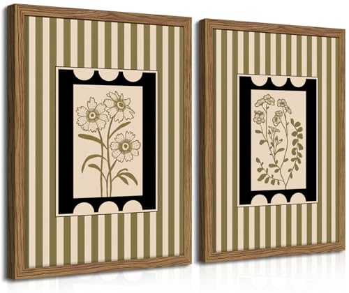 Framed Vintage Botanical Wall Art Set of 2, Olive Green Striped Floral Line Drawing Canvas Prints, Minimalist Nature Plant Artwork, Rustic Wall Decor for Living Room Bedroom Entryway 12x16in - color: Striped Flower, size: 16"L x 12"W