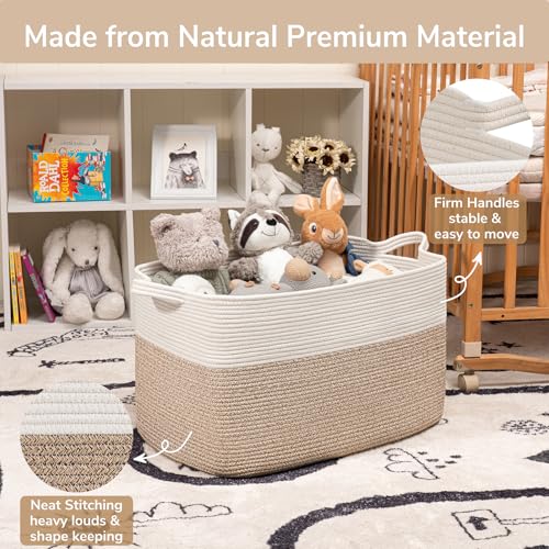 Goodpick 85L Large Woven Rope Blanket Basket, White & Light Brown - color: White & Light Brown, size: X-Large(23.6"L x 15.7"W x 13.8"H)