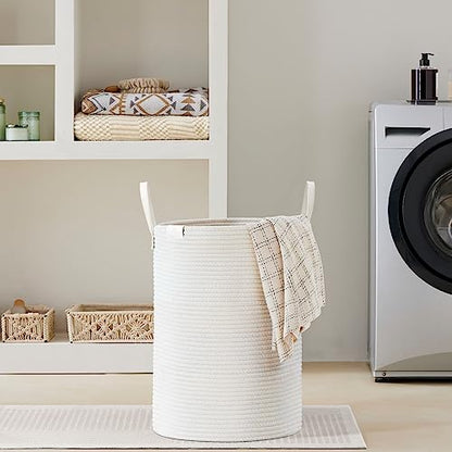 VIPOSCO 72L Tall Woven Rope Laundry Hamper, Leather Handles, White - color: White, size: 72L
