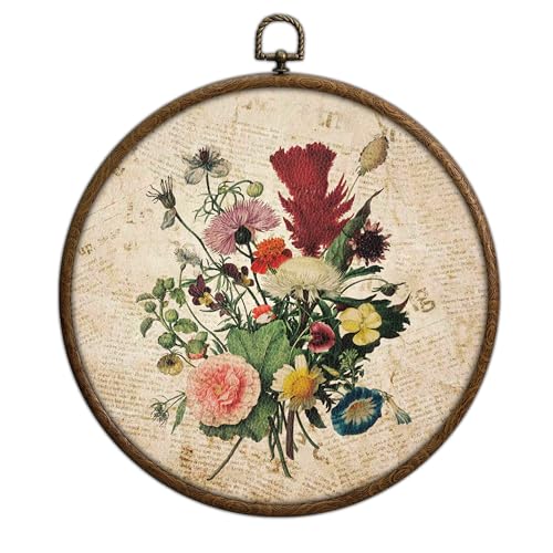 Vintage Floral Wall Decor, Printed Canvas Wall Hanging for Bedroom Kitchen Home Office, Round Decoration, Wall Art Bedroom, Living Room Wall Art, Dorm Decor, Circular Wall Hanging with Hooks,20 - color: Vintage19
