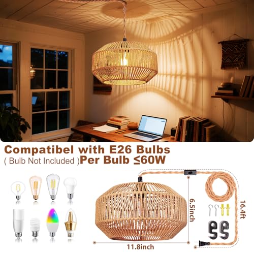 Maliralt Hanging Lamps Rattan Pendant Light Hanging Lights 16.4ft Plug in Cord Pendant Light Fixture Plug Into Wall Outlet Pendant Lighting with On Off Switch for Bedroom Living (Pumpkin Shade) - size: 11.8 Inch - Pumpkin Shade