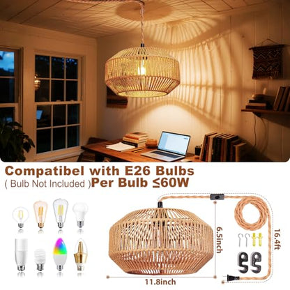 Maliralt Hanging Lamps Rattan Pendant Light Hanging Lights 16.4ft Plug in Cord Pendant Light Fixture Plug Into Wall Outlet Pendant Lighting with On Off Switch for Bedroom Living (Pumpkin Shade) - size: 11.8 Inch - Pumpkin Shade