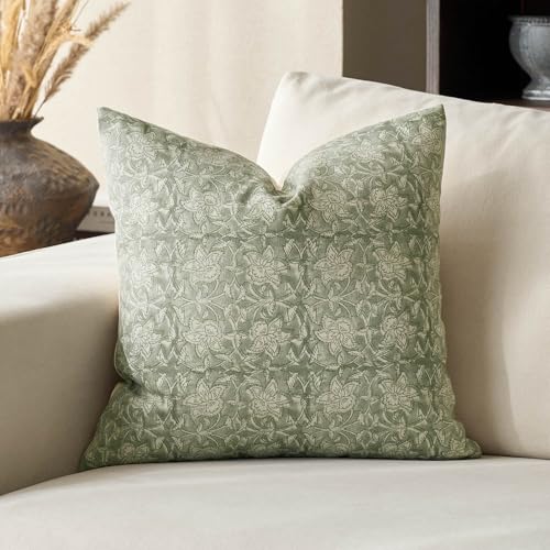 DOMVITUS Floral Pillow Covers 18x18 Throw Pillow Covers Block Print Vintage Decorative Neutral Pillow Cover for Couch Bed Living Room Sage Green 1PC - color: Sage Green, size: 18" x 18" (Pack of 1)