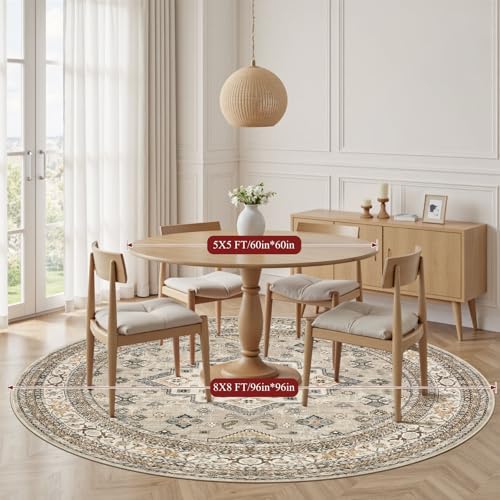 cotiled 8ft Round Living Room Area Rug, Washable, Traditional, Beige - color: Beige, size: 8' (Round)