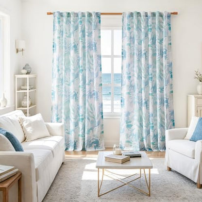Aqua Blue White Botanical Print Semi Sheer Curtains 95" Bedroom Drapes 2pk - color: Back Tab- Semi Sheer- Aqua Blue, size: 55"W x 95"L (Pack of 2)