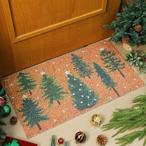 Dunzy Christmas Doormat Outdoor Snowy Forest Welcome Faux Coir Non-Slip Mat - style: Green Christmas Tree
