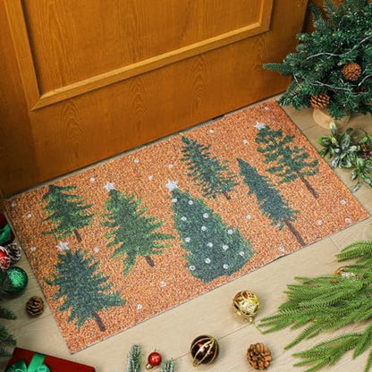 Dunzy Christmas Doormat Outdoor Snowy Forest Welcome Faux Coir Non-Slip Mat - style: Green Christmas Tree