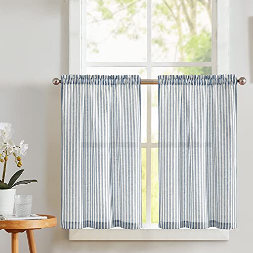 Vangao Blue Stripe Linen Tiers Curtains 24 Inch Farmhouse 2 Panels - color: Boxter Striped| Blue on Beige, size: 26"W x 24"L (Pack of 2)