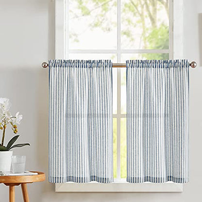 Vangao Blue Stripe Linen Tiers Curtains 36 Inch Farmhouse 2 Panels - color: Boxter Striped| Blue on Beige, size: 26"W x 36"L (Pack of 2)