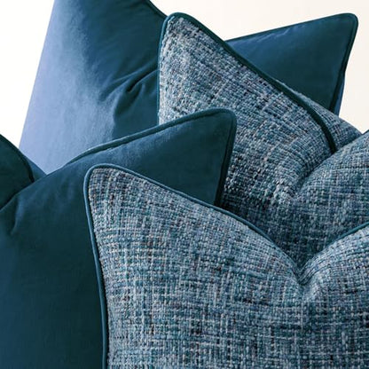 a moment Blue 4 Pack Throw Pillow Covers - Chenille & Velvet Set with Piping, Farmhouse Textured Design Cushion Cases for Couch Sofa Bed (20x20 Inch, No Insert) - color: Blue, size: 20" x 20" (Pack of 4)