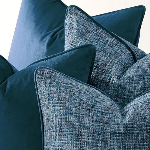 a moment Blue 4 Pack Throw Pillow Covers - Chenille & Velvet Set with Piping, Farmhouse Textured Design Pillow Cases for Couch Sofa Bed Livingroom (16x16 Inch, No Insert) - color: Blue, size: 16" x 16" (Pack of 4)