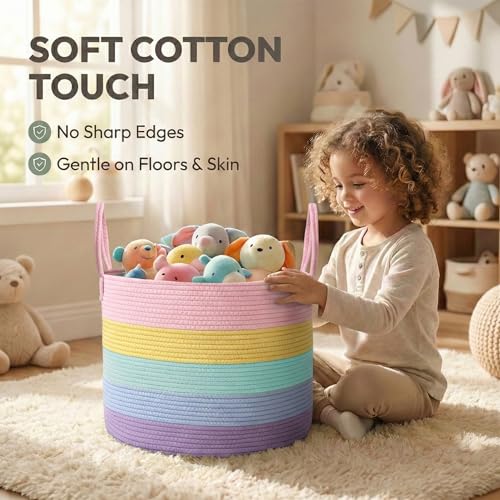 JMvicyroam 65L Extra Large Machine Washable Cotton Rope Blanket Basket - color: Rainbow, size: 65L