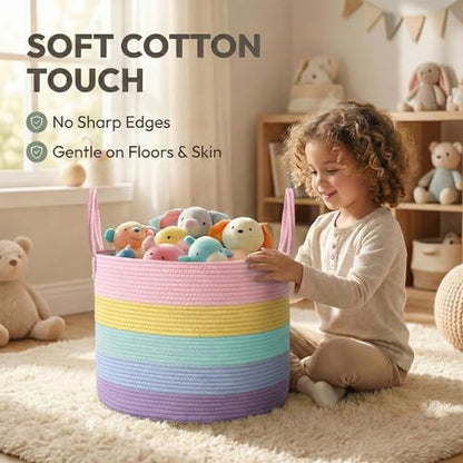 JMvicyroam 65L Extra Large Machine Washable Cotton Rope Blanket Basket - color: Rainbow, size: 65L