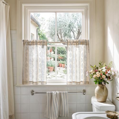 jinchan Linen Striped Tier Curtains for Kitchen Windows Blue Beige 26 x 24 - color: Boho Blue | on Beige, size: 26"W x 24"L (Pack of 2)