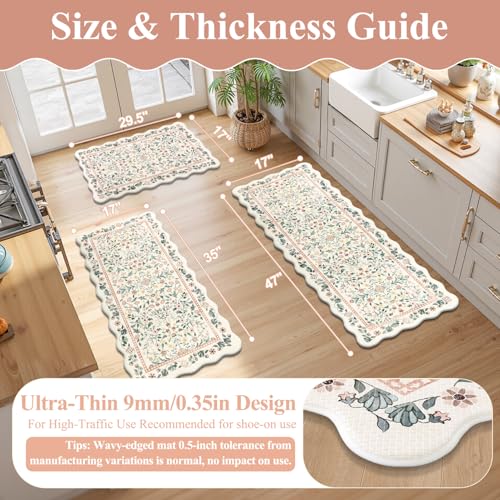 Yamaziot Boho Anti Fatigue Kitchen Rug Set of 3 Scalloped Beige & Pink - color: Beige & Pink, size: 17.3"x29"+17.3"x35"+17.3"x47"