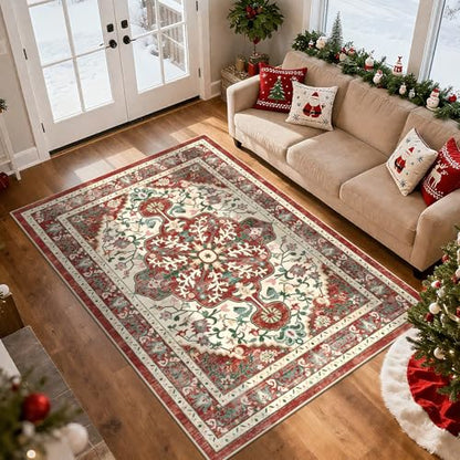 U'Artlines Red Christmas Area Rug 5x7 Boho Washable Soft Holiday Carpet - color: Christmas Red, size: 5' x 7' (Rectangular)