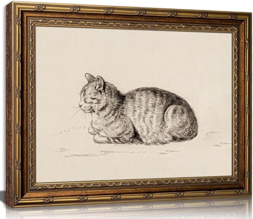 Kofeehic Vintage Gold Framed Cat Sketch Wall Art, Retro Aesthetic Feline Drawing Decor,Minimalist Animal Canvas Painting, Cat Lover Gifts for Living Room Bedroom Kitchen Bathroom 9X11in - color: Framed-Cat, size: 11"L x 9"W