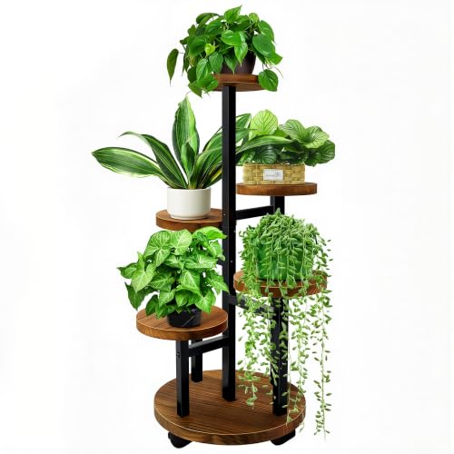 GEEBOBO 5 Tier Plant Stand With 4 Wheels - color: 5 Tier-Brown