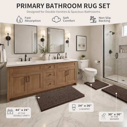Yimobra Brown Bathroom Rug Set 3 Piece, Super Water Absorbent Bath Mat Set - color: Brown, size: 24"x20" + 30"x20"+ 44"x24"