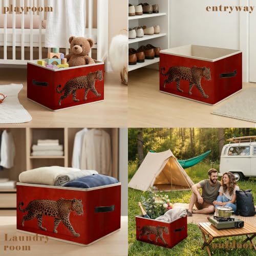 Trendy Retro Red and Leopard Print Storage Basket Organizer - color: Red and Leopard