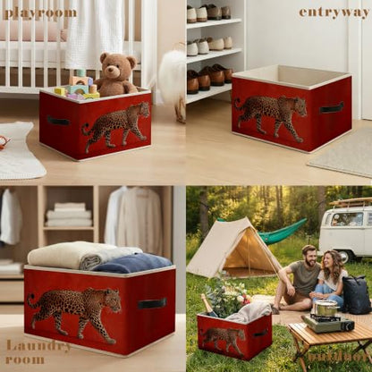 Trendy Retro Red and Leopard Print Storage Basket Organizer - color: Red and Leopard