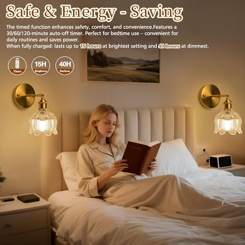 Battery Operated Wall Sconces Set of 2, Clear Tulip Glass Wall Lights | Rechargeable flower wall lamps with remote control, 15 colors, 10-level dimming and timer for bedroom and living room - color: Clear