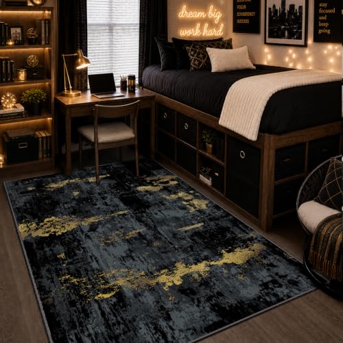 RELEANY Washable 4'x6' Abstract Area Rug for Living Room Black Gold - color: Black/Gold, size: 4' x 6' (Rectangular)