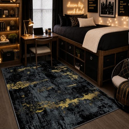 RELEANY Washable 4'x6' Abstract Area Rug for Living Room Black Gold - color: Black/Gold, size: 4' x 6' (Rectangular)