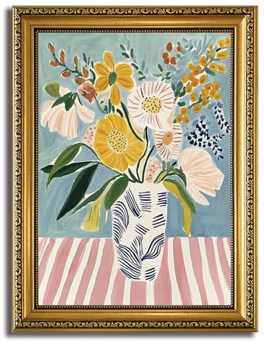 HNNXAR Gold Framed Wall Art Modern Flower Colorful Botanical Canvas Art Floral Vase Wall Decor Paintings Pastel Bouquet Pictures Abstract Prints Still Life Artwork for Bedroom Living Room - color: Floral Vase, size: 16"L x 12"W