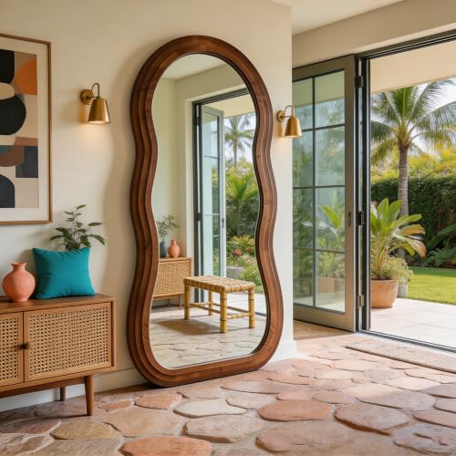 71"x33.5" Wavy Full Length Mirror with 3-Layer Solid Wood Frame - color: Walnut Wavy Frame, size: 71"L x 33.5"W