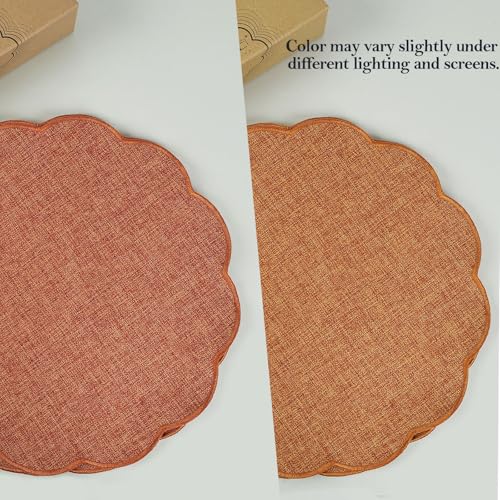 AHHFSMEI Round Scalloped Placemats Set of 6 15 Inch Faux Linen - color: Burnt Orange