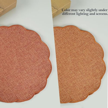 AHHFSMEI Round Scalloped Placemats Set of 6 15 Inch Faux Linen - color: Burnt Orange