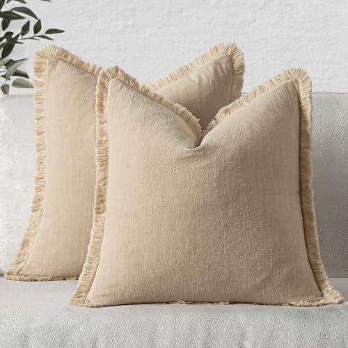 MIULEE Boho Linen Fringe Decorative Throw Pillow Covers Beige 18x18 - color: Beige, size: 18" x 18" (Pack of 2)