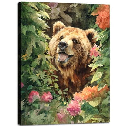 Halioyo Brown Bear Canvas Wall Art, Floral Bear Painting Print(12x16 in) - color: Painting-10, size: 16"L x 12"W