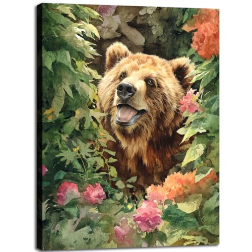 Halioyo Brown Bear Canvas Wall Art, Floral Bear Painting Print(12x16 in) - color: Painting-10, size: 16"L x 12"W