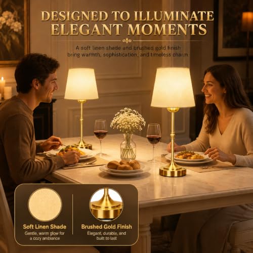 Yunaking Rechargeable Gold Table Lamp: Cordless Lamp with 3 Color Dimmable