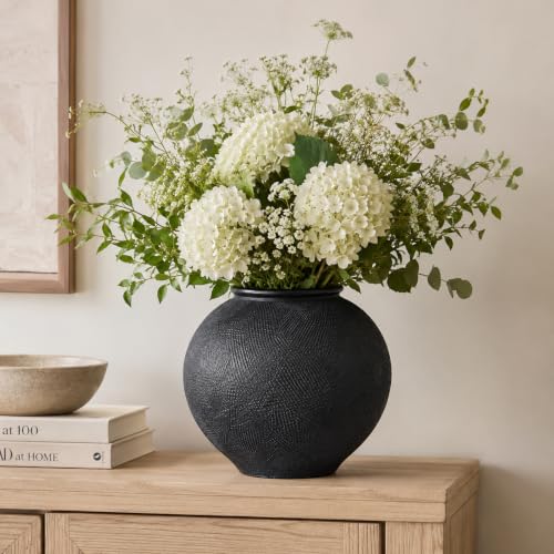 Black Ceramic Vase, 9" Large Round Black Vase for Home Decor, Textured Matte Black Vase for Pampas Grass, Coffee Table, Entryway Table, Farmhouse Centerpiece Decor - color: Black, size: 9in