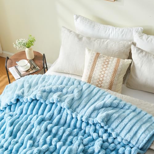 NEWCOSPLAY Fleece Ribbed Cozy King Blanket for Couch, Blue, 90"x110" - color: Blue Ribbed, size: King(90"x110")