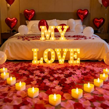 My Love Light up Letters, Include Tea Lights Candles, Latex Balloons, Aluminum Balloons and Rose Petals, Special Festival, Surprise Gifts for Women and Men - color: MY LOVE