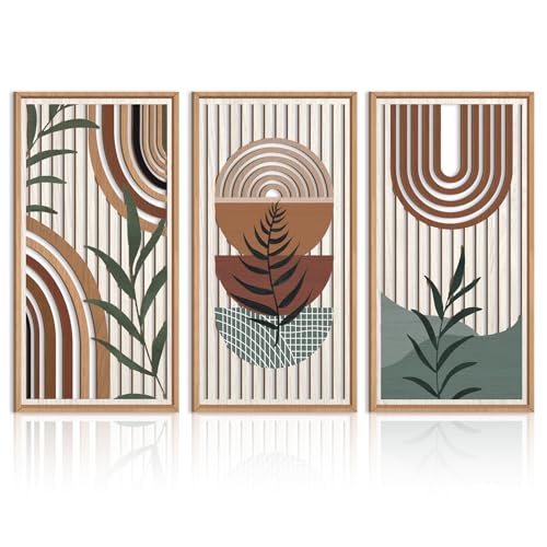 IARTTOP Framed Boho Mid-Century Modern Wood Wall Art 16x32 Inch Large Bohemian Abstract Geometric Wooden Wall Decor Minimalist Brown Green Plant Decor for Bedroom Living Room Dining Room Set of 3 - color: Boho Plant, size: 32"L x 16"W