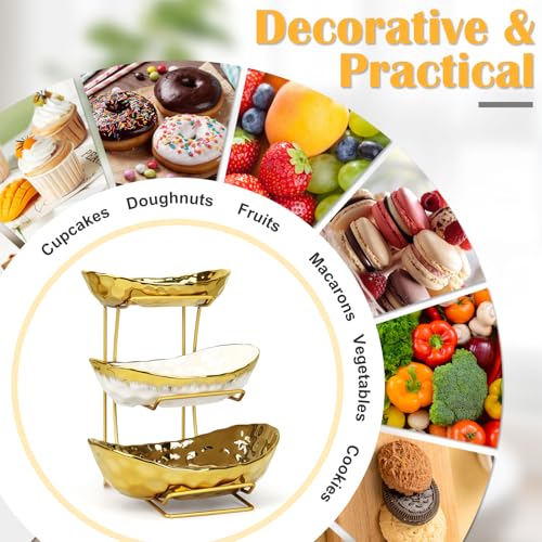 Fruit Bowl for Kitchen Counter, 3 Tier Gold Trim Ceramic Fruit Stand Basket for Countertop, Fruiti and Vegetable Rack with Thickened Metal Holder, Vegetable Dessert Nuts Storage (Gold) - color: Gold