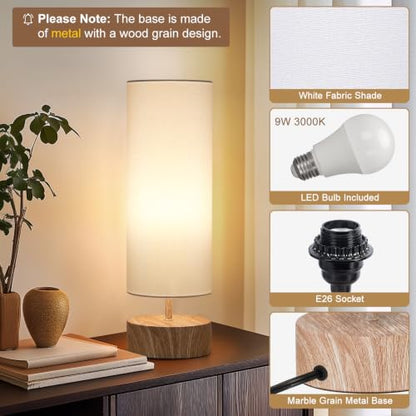 Touch Table Lamp with Wood Grain Metal Base, 3 Way Dimmable Bedside Lamp - color: White Shade with Wood Grain Base